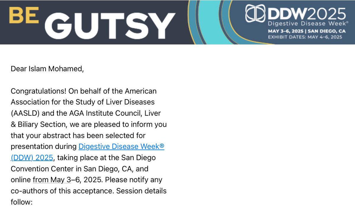 Glad to share that I’ll be presenting at #DDW2025 
Cannot wait to reconnect with peers and mentors 
<a href="/AmCollegeGastro/">ACG</a> 
#AASLD #AGA
#LiverLover
