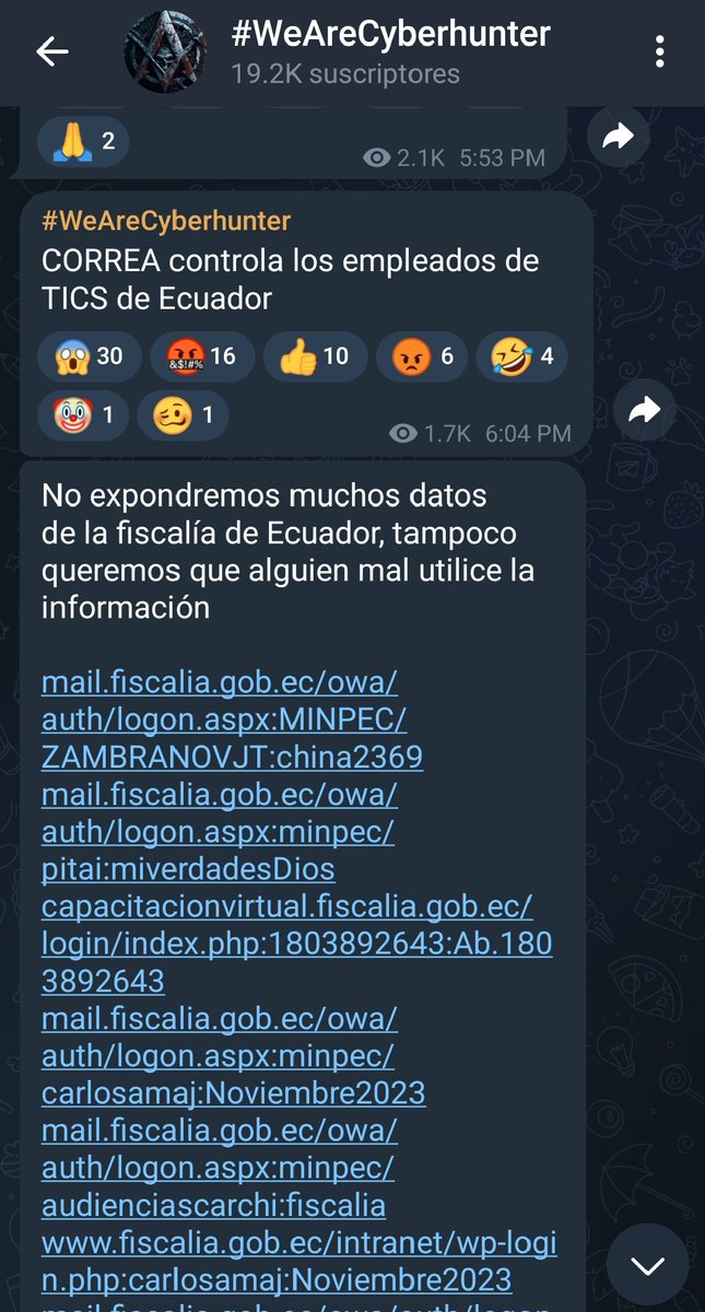 SuerodlaVerdad1's tweet photo. Aquí está el canal de telegram 👇 de @YourAnonHunters y acaban de publicar información impactante, de cómo Correa maneja varias instituciones públicas como fiscalía, función judicial, CNE, manifiestan que @DianaAtamaint tiene total conocimiento de todo esto, según estos hackers Correa maneja las tics de estas instituciones y comparten archivos txt con evidencias aquí comparto capturas de lo que estoy hablando, además aparece el nombre muy importante de un argentino @GOglietti con esta información @FiscaliaEcuador puede actuar de oficio todo es verificable y ahuuuuura @mashirafael