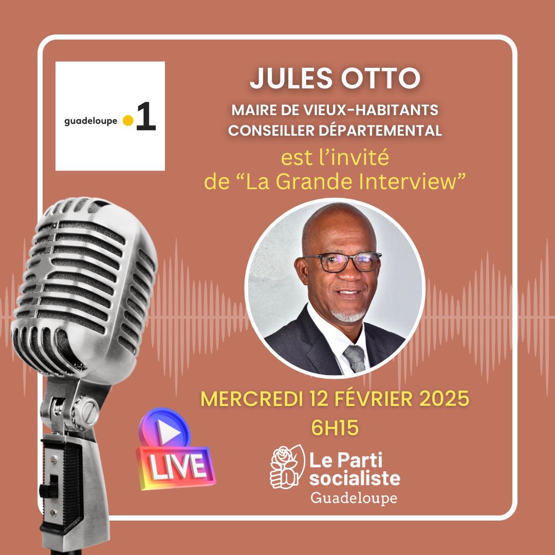 Parti Socialiste Guadeloupe 🌹 (@fpsg971) on Twitter photo 🎙️Le maire de Vieux-Habitants et conseiller départemental <a href="/JulesOtto/">OTTO JULES</a> est l’invité de « La Grande Interview » ce mercredi 12 février 2025 à 6h15, en direct sur <a href="/guadeloupela1e/">Guadeloupe la 1ère</a> radio.
Soyez à l’écoute ! 😉 🎙️Le maire de Vieux-Habitants et conseiller départemental <a href="/JulesOtto/">OTTO JULES</a> est l’invité de « La Grande Interview » ce mercredi 12 février 2025 à 6h15, en direct sur <a href="/guadeloupela1e/">Guadeloupe la 1ère</a> radio.
Soyez à l’écoute ! 😉