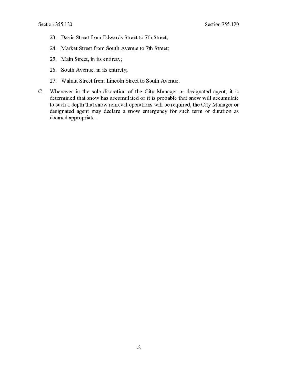The City of <a href="/MaryvilleMO/">City of Maryville</a> is enacting its Emergency Snow Route Ordinance effective Tuesday, February 11th at 8 p.m. 

Please assist our snow removal efforts by moving your vehicles from designated emergency snow routes in advance of this storm. Thank you!