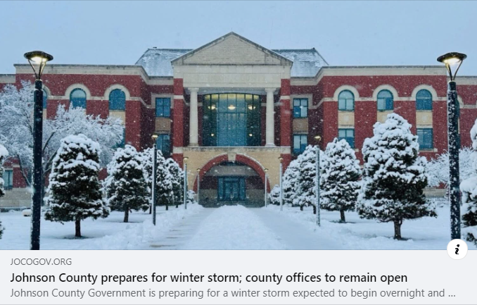 We are preparing for a winter storm expected to begin overnight and continue through Wednesday evening. ❄️

Johnson County buildings and offices will be open on Wednesday, Feb. 12. Information about impacts to programs and services. ➡️ bit.ly/40Xv2gi