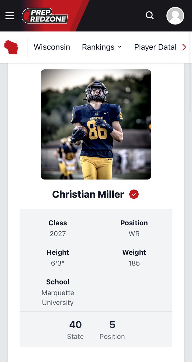 Christian Miller (@christianm2027) on Twitter photo Thanks to <a href="/PrepRedzoneWI/">Prep Redzone Wisconsin</a> and <a href="/MJ_NFLDraft/">Mark Johnson</a> for the great ranking and write up. Blessed to be ranked as the 5th best WR in Wisconsin.
Much more work to do.
Getting 1% better every day. Thanks to <a href="/PrepRedzoneWI/">Prep Redzone Wisconsin</a> and <a href="/MJ_NFLDraft/">Mark Johnson</a> for the great ranking and write up. Blessed to be ranked as the 5th best WR in Wisconsin.
Much more work to do.
Getting 1% better every day.