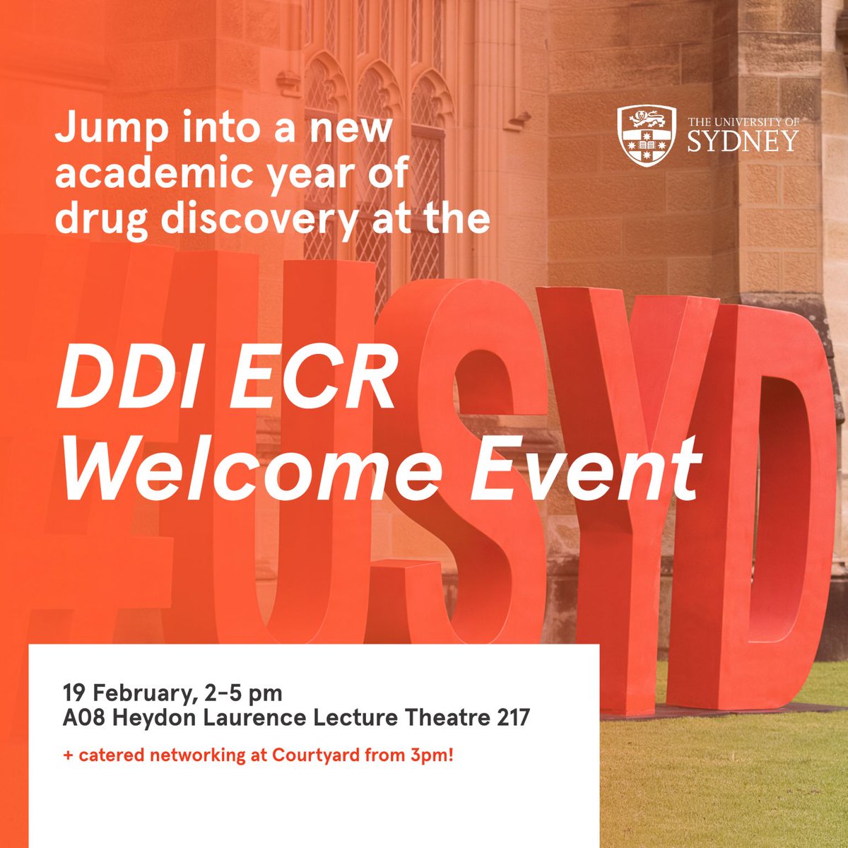 Centre for Drug Discovery Innovation (@sydney_ddi) on Twitter photo Register for our ECR Welcome Event and post-event catered networking session (at Courtyard!) on Feb 19🌟📷 bit.ly/42mYRcC
It's a fantastic opportunity to connect with fellow ECRs working <a href="/Sydney_Uni/">University of Sydney</a> in drug discovery related fields—from disease biology to data science. Register for our ECR Welcome Event and post-event catered networking session (at Courtyard!) on Feb 19🌟📷 bit.ly/42mYRcC
It's a fantastic opportunity to connect with fellow ECRs working <a href="/Sydney_Uni/">University of Sydney</a> in drug discovery related fields—from disease biology to data science.