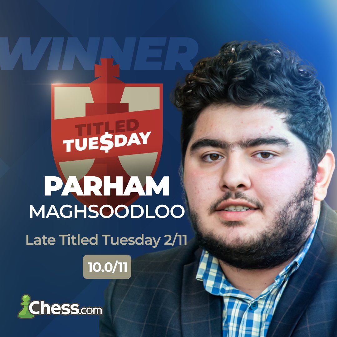 Congratulations to <a href="/PMaghsoodloo/">Parham Maghsoodloo</a> on winning the late #TitledTuesday! He finished a half-point ahead of Sam Sevian!