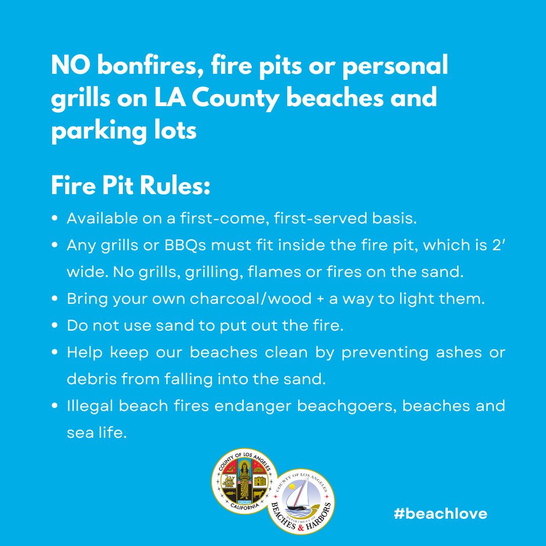 📢 Some fire pits have been returned to Dockweiler Beach. NO bonfires, fire pits or personal grills on LA County beaches and parking lot.
 
⚠️ Beachgoers are advised to stay away from any washed-up debris from the recent fires.

Swipe right ➡ for Dockweiler Fire Pit guidelines.