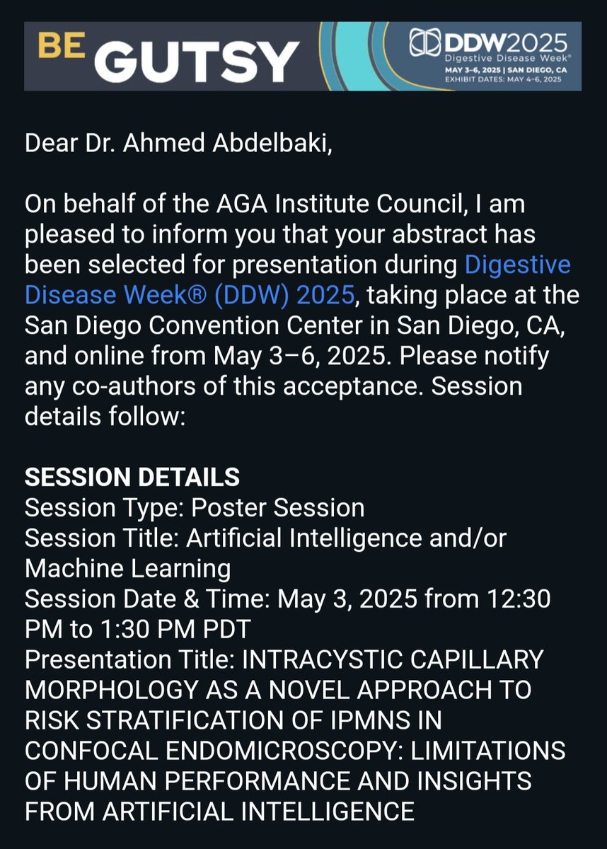 Ahmed Abdelbaki (@ahmed1abdelbaki) on Twitter photo 🛑 Glad to share that our work got accepted, and I will be presenting at #DDW2025 in San Diego in May!
Excited to present and learn about the latest advances in GI research 🌟
Thanks to my mentor <a href="/som_krishna/">Somashekar Krishna, MD, MPH</a>
<a href="/OSUWexMed/">The Ohio State University Wexner Medical Center</a> <a href="/OhioStateIMRes/">Ohio State Internal Medicine Residency</a> <a href="/DDWMeeting/">Digestive Disease Week</a> <a href="/AmerGastroAssn/">American Gastroenterological Association (AGA)</a>
#GItwitter 🛑 Glad to share that our work got accepted, and I will be presenting at #DDW2025 in San Diego in May!
Excited to present and learn about the latest advances in GI research 🌟
Thanks to my mentor <a href="/som_krishna/">Somashekar Krishna, MD, MPH</a>
<a href="/OSUWexMed/">The Ohio State University Wexner Medical Center</a> <a href="/OhioStateIMRes/">Ohio State Internal Medicine Residency</a> <a href="/DDWMeeting/">Digestive Disease Week</a> <a href="/AmerGastroAssn/">American Gastroenterological Association (AGA)</a>
#GItwitter