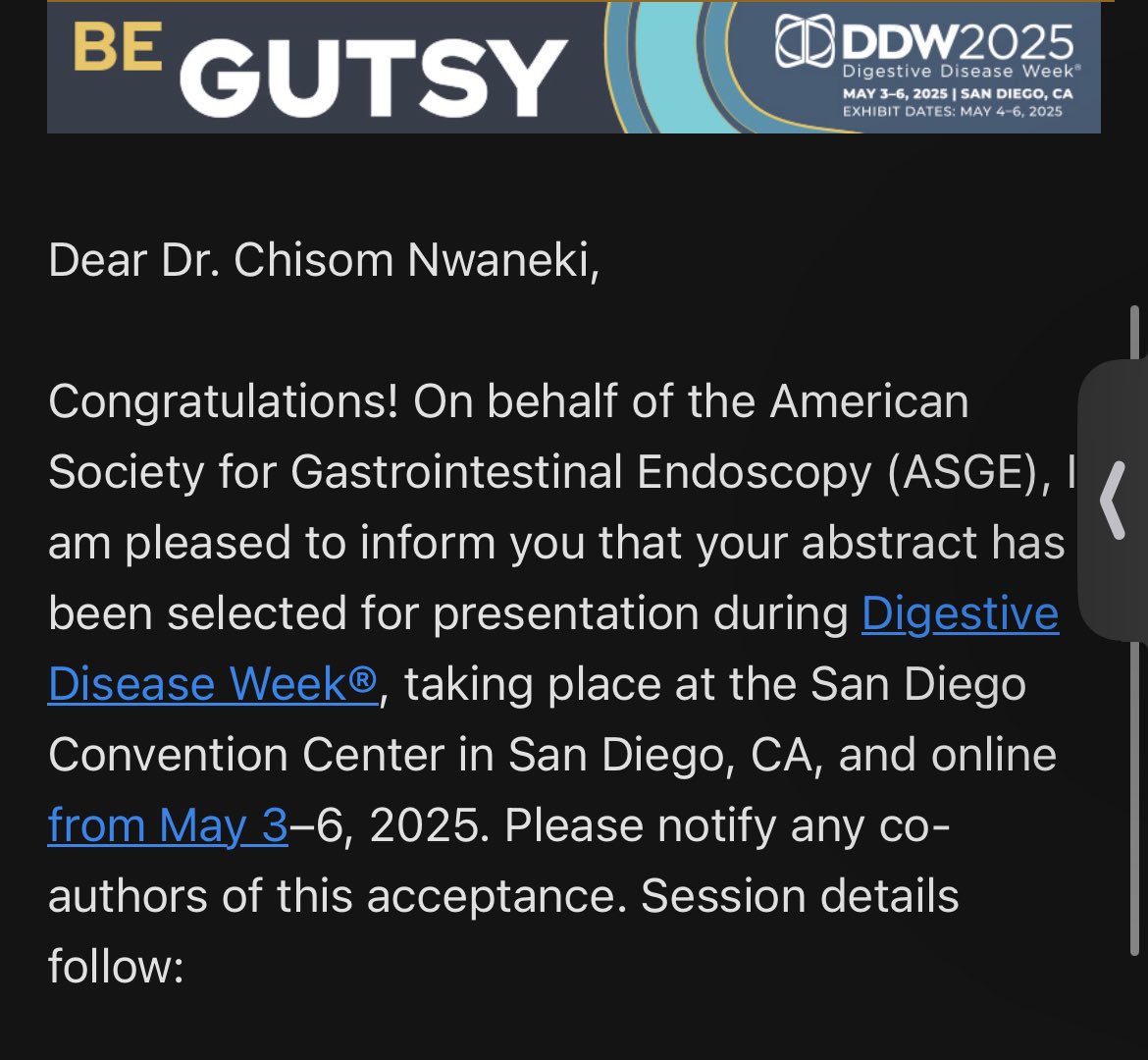 Chisom Nwaneki, MD, MPH. 🩺💩 (@drnwaneki) on Twitter photo Thrilled to share that our research has been accepted for #DDW2025! 🎉
Grateful for my mentors and peers and looking forward to seeing you all there in San Diego! 🔥
<a href="/DDWMeeting/">Digestive Disease Week</a>
<a href="/AmCollegeGastro/">ACG</a>
<a href="/AASLDtweets/">AASLD</a>
<a href="/LiverFellow/">Liver Fellow Network</a>
<a href="/AmerGastroAssn/">American Gastroenterological Association (AGA)</a>
#GItwitter #livertwitter Thrilled to share that our research has been accepted for #DDW2025! 🎉
Grateful for my mentors and peers and looking forward to seeing you all there in San Diego! 🔥
<a href="/DDWMeeting/">Digestive Disease Week</a>
<a href="/AmCollegeGastro/">ACG</a>
<a href="/AASLDtweets/">AASLD</a>
<a href="/LiverFellow/">Liver Fellow Network</a>
<a href="/AmerGastroAssn/">American Gastroenterological Association (AGA)</a>
#GItwitter #livertwitter