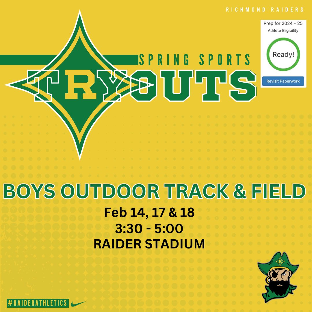 Due to weather forecast, tryout dates for Boys Outdoor Track &amp; Field have changed.

Students must attend all 3 tryouts in order to make the team. Students must be academically eligible, have a physical and all forms completed on Dragonfly. Please bring water and tennis shoes.