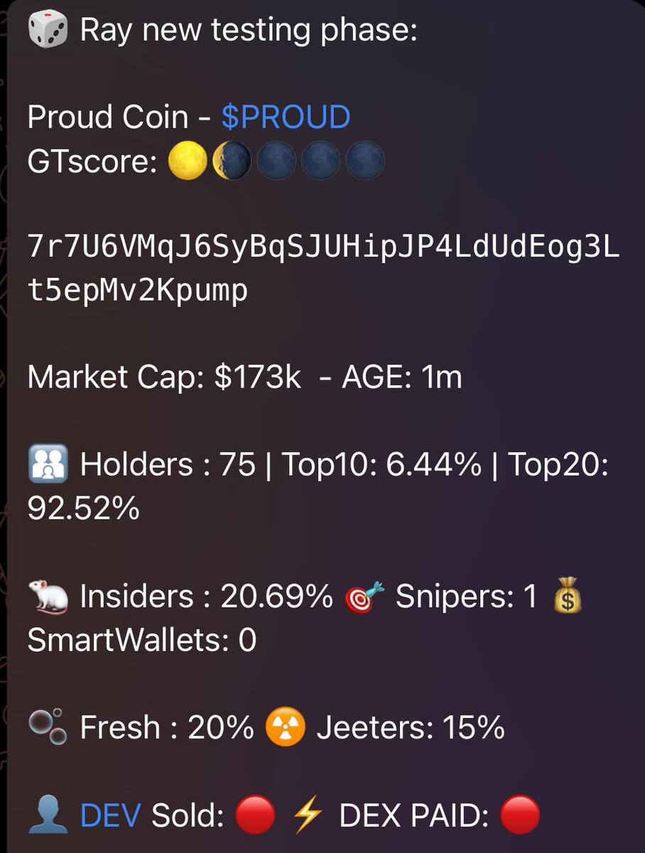 Mag (@mag_gems) on Twitter photo 🚀 Our Printer Tools Just Spotted a GEM! 🚀
Our bot <a href="/gem_tools/">💎 GemTools 💎</a> detected $PROUD <a href="/proudofyourcoin/">Proud Coin</a> at $173k MC – and it rocketed to $20M in just few minutes! 📈💎
7r7U6VMqJ6SyBqSJUHipJP4LdUdEog3Lt5epMv2Kpump
That's a quick x120+ – meaning a $100 investment could have turned 🚀 Our Printer Tools Just Spotted a GEM! 🚀
Our bot <a href="/gem_tools/">💎 GemTools 💎</a> detected $PROUD <a href="/proudofyourcoin/">Proud Coin</a> at $173k MC – and it rocketed to $20M in just few minutes! 📈💎
7r7U6VMqJ6SyBqSJUHipJP4LdUdEog3Lt5epMv2Kpump
That's a quick x120+ – meaning a $100 investment could have turned