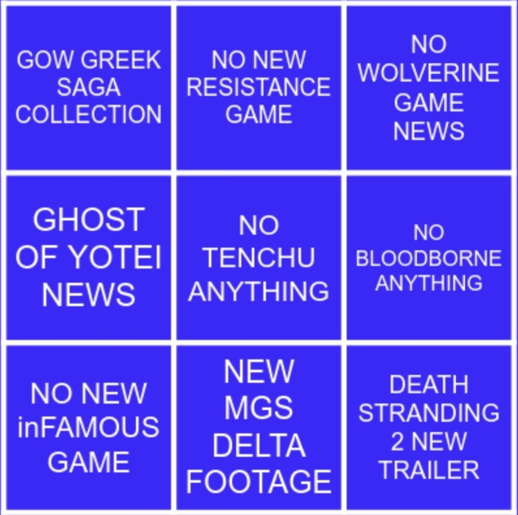My State of Play bingo card 🥷
What do you think?
#StateOfPlay #bloodborne #ps5