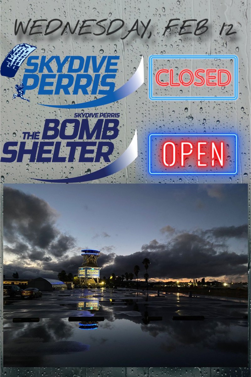Skydive Perris (@skydiveperris) on Twitter photo Tomorrow, 2/12, the DZ will be closed for jumping but our restaurant will be open! Tomorrow, 2/12, the DZ will be closed for jumping but our restaurant will be open!
