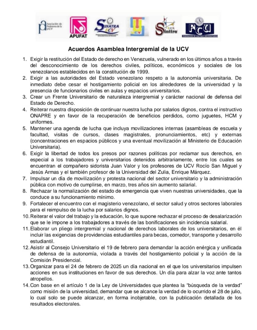 Acuerdos de la Asamblea Intergremial de la UCV hoy 11/02/225