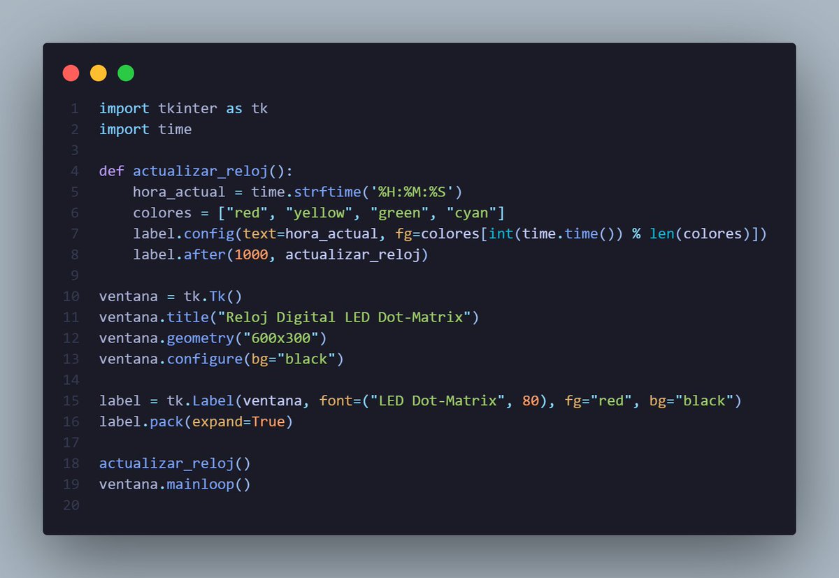 VirtualBit01's tweet image. ¡Convierte tu pantalla en un reloj LED Dot-Matrix! 

Con Python y Tkinter, crea una interfaz animada con colores dinámicos 🔴🟡🟢🔵. 

Descarga la fuente aquí 👉 dafont.com/es/led-dot-mat… y pruébalo!

#Python #Tkinter #VirtualBit