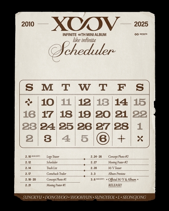 Kpop_Herald's tweet photo. .@IFNT_Official_ released the comeback scheduler of its 8th EP "LIKE INFINITE." The group will start promotion from Feb. 14 with the tracklist, and drop the album on March 6, at 6 PM KST! Can't wait! 👀🎧 #INFINITE #인피니트 #LIKE_INFINITE https://t.co/3A91asyNEV