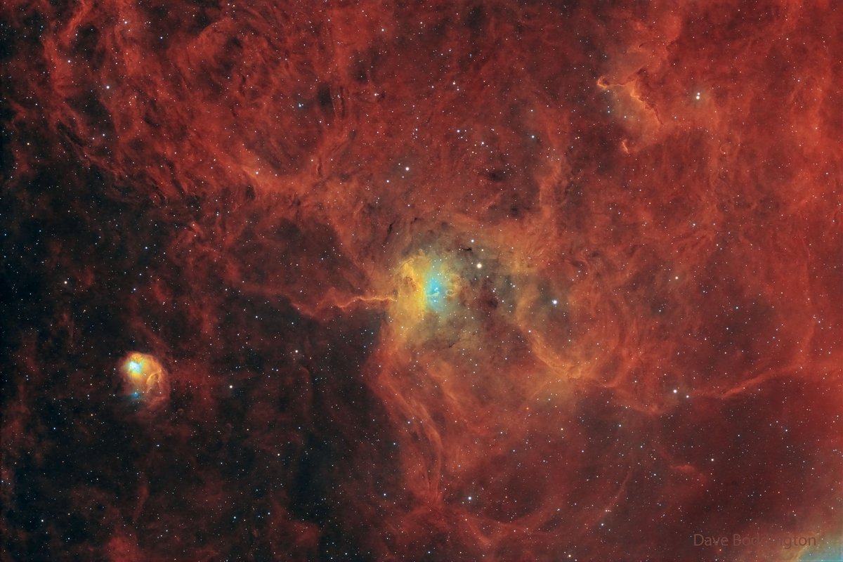 apod's tweet photo. Will the spider ever catch the fly? Not if both are large emission nebulas toward the constellation of the Charioteer (Auriga). The spider-shaped gas cloud in the image center is actually an emission nebula labelled IC 417, while the smaller fly-shaped cloud on the left is dubbed NGC 1931 and is both an emission nebula and a reflection nebula. About 10,000 light-years distant, both nebulas harbor young star clusters. For scale, the more compact NGC 1931 (Fly) is about 10 light-years across. The featured deep image, captured over 20 hours during late January in Berkshire UK, also shows more diffuse and red-glowing interstellar gas and dust.

Image Credit & Copyright: Dave Boddington