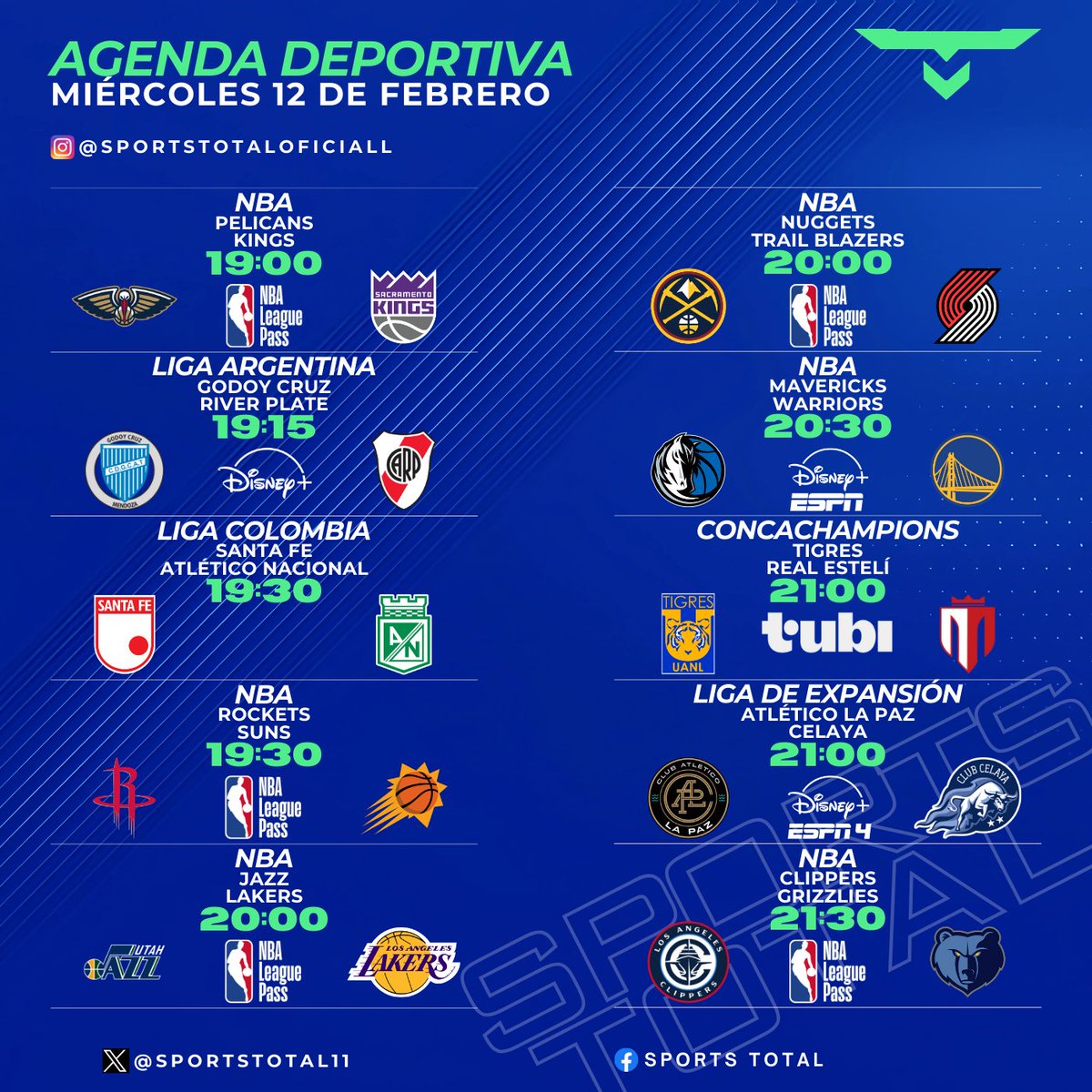 SportsTOTAL11's tweet photo. Esto es lo que tendremos en la agenda del día de este #ombliguitodelasemana
.
#SportsTotal #LaCasaDelFutbol #AgendaFutbolera #LigaBBVAMX
#TransmisionEnVivo #AgendaDeportiva #NFL #AgendaFutbolistica https://t.co/Libg2MgxBD
