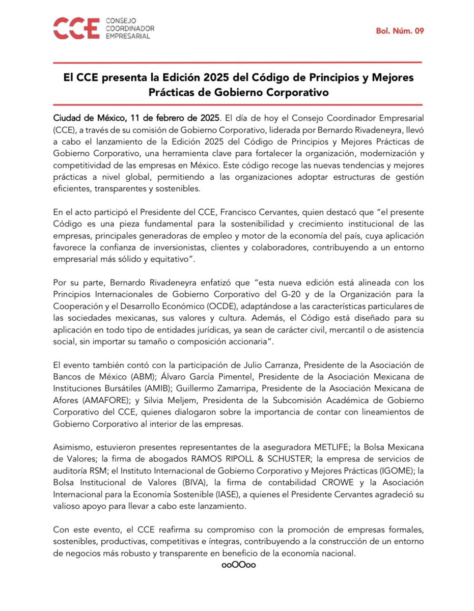 #Comunicado | El #CCE presenta la Edición 2025 del Código de Principios y Mejores Prácticas de Gobierno Corporativo 
Disponible: cce.org.mx