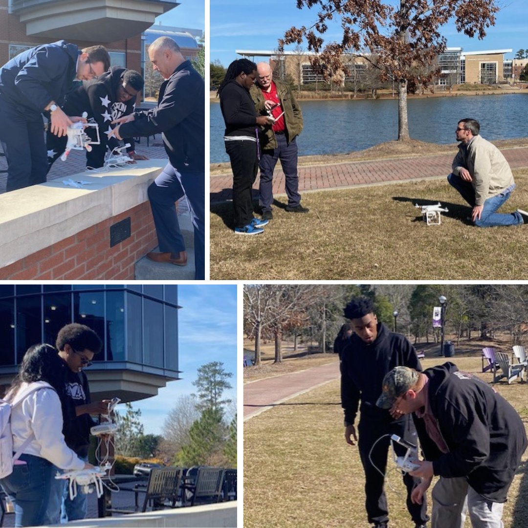 Students in Dr. Wayne Lockwood's ITEC 4501 UAS: Implementation and Management of UAS Wi-Fi course gathered near the MGA Macon Campus Lake to calibrate drones and prepare them for flights on Wednesday, January 29.