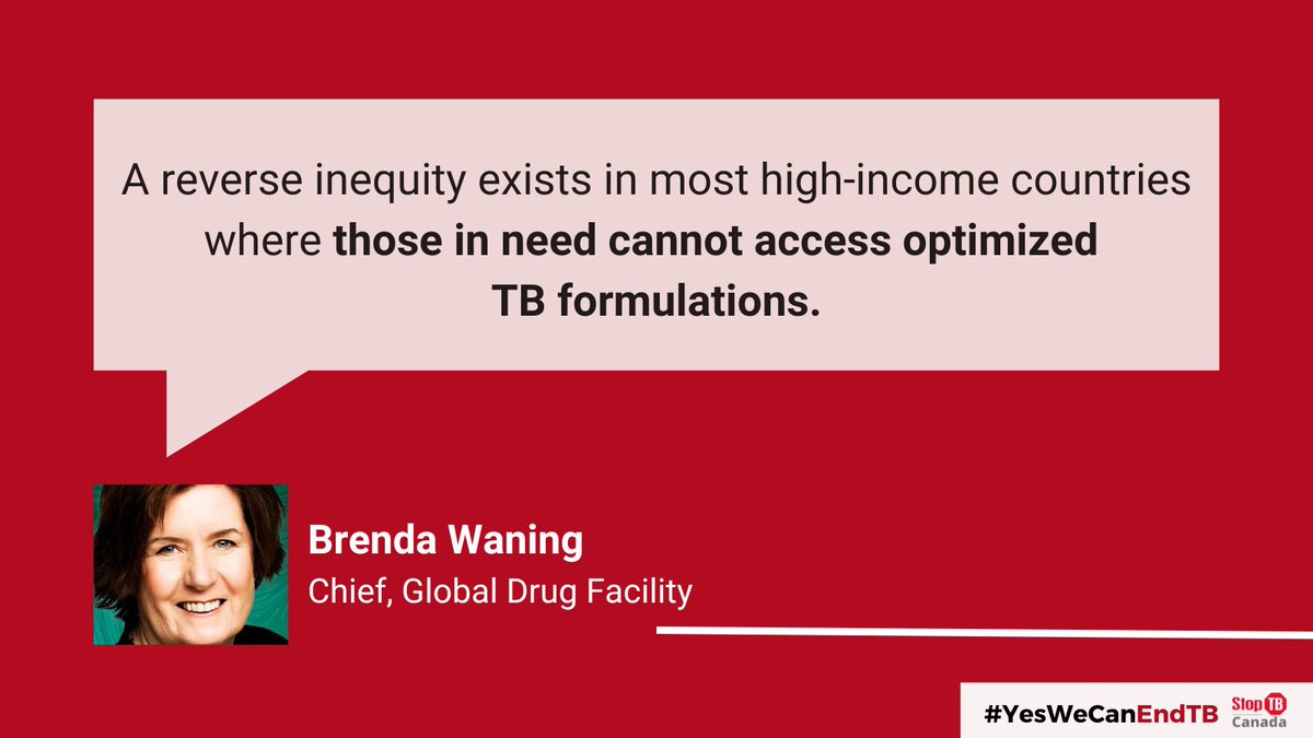 Stop TB Canada (@stoptbcanada) on Twitter photo In many high-income countries, those who need TB treatment the most can’t access the best medicines. <a href="/BrendaWaning/">Brenda Waning</a> shares that this reverse inequity must be addressed. No one should be left behind in the fight to #EndTB.
🔗 Read the full report: bit.ly/accesstoTBmeds In many high-income countries, those who need TB treatment the most can’t access the best medicines. <a href="/BrendaWaning/">Brenda Waning</a> shares that this reverse inequity must be addressed. No one should be left behind in the fight to #EndTB.
🔗 Read the full report: bit.ly/accesstoTBmeds