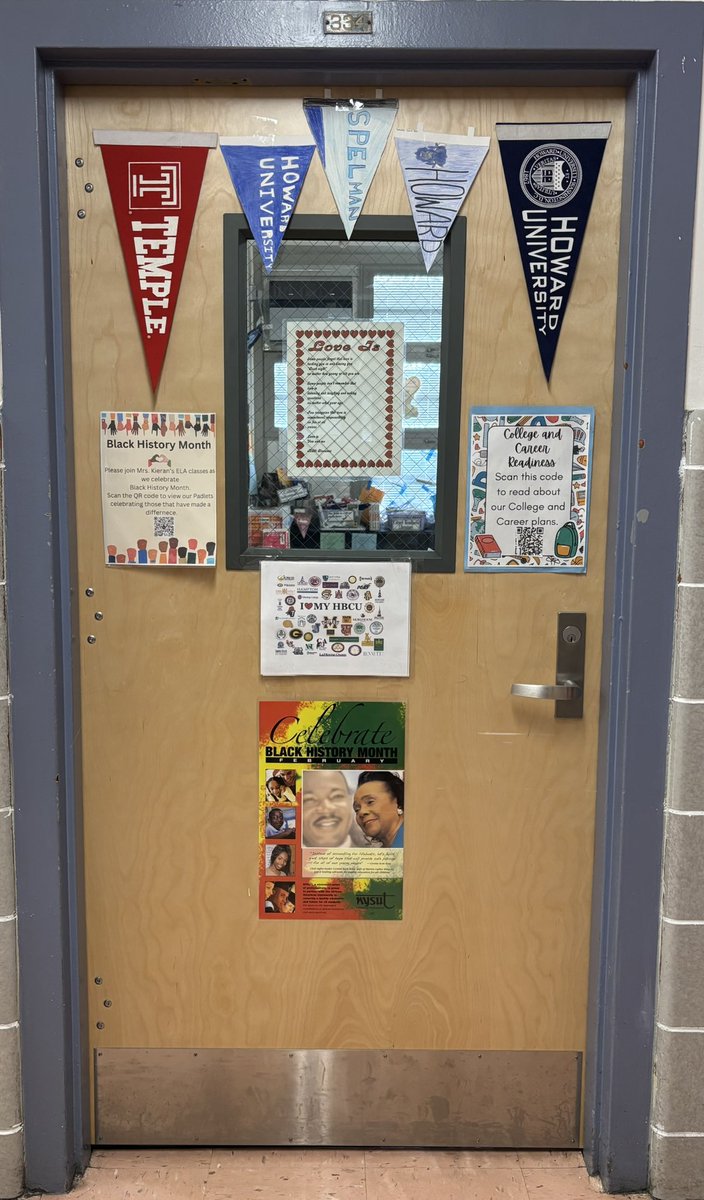 My students <a href="/jhs278/">Marine Park JHS278</a> <a href="/District22BKNY/">District 22 Brooklyn</a> are celebrating #BlackHistoryMonth by decorating our door with original <a href="/padlet/">Padlet</a> and #HBCU pennants <a href="/TempleUniv/">Temple University</a> <a href="/HowardU/">Howard University</a> <a href="/SpelmanCollege/">Spelman College</a> <a href="/nycschlibrarian/">Esther Keller</a> <a href="/NYCSchools/">NYC Public Schools</a> #College4All <a href="/nysut/">NYSUT</a> <a href="/UFTMS_Division/">UFT Middle Schools Division</a>