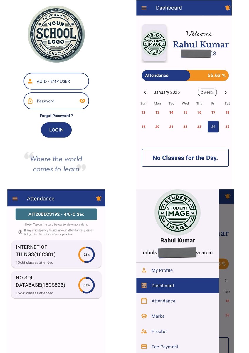 Complete School/college attendence app just for 40K rs/ $480 with Lifetime Support 

DM for More details 

This is just a sample there is More 

#app #reactnative #school #collage #school #android