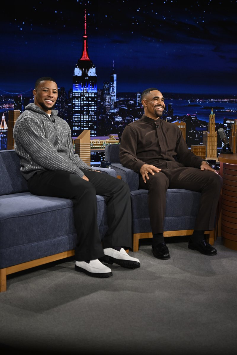 Super Bowl Champions <a href="/JalenHurts/">Jalen Hurts</a> and <a href="/saquon/">Saquon Barkley</a> are here tonight to talk their <a href="/SuperBowl/">Super Bowl</a> LIX win! <a href="/Eagles/">Philadelphia Eagles</a> #SBLIX #FlyEaglesFly #FallonTonight
