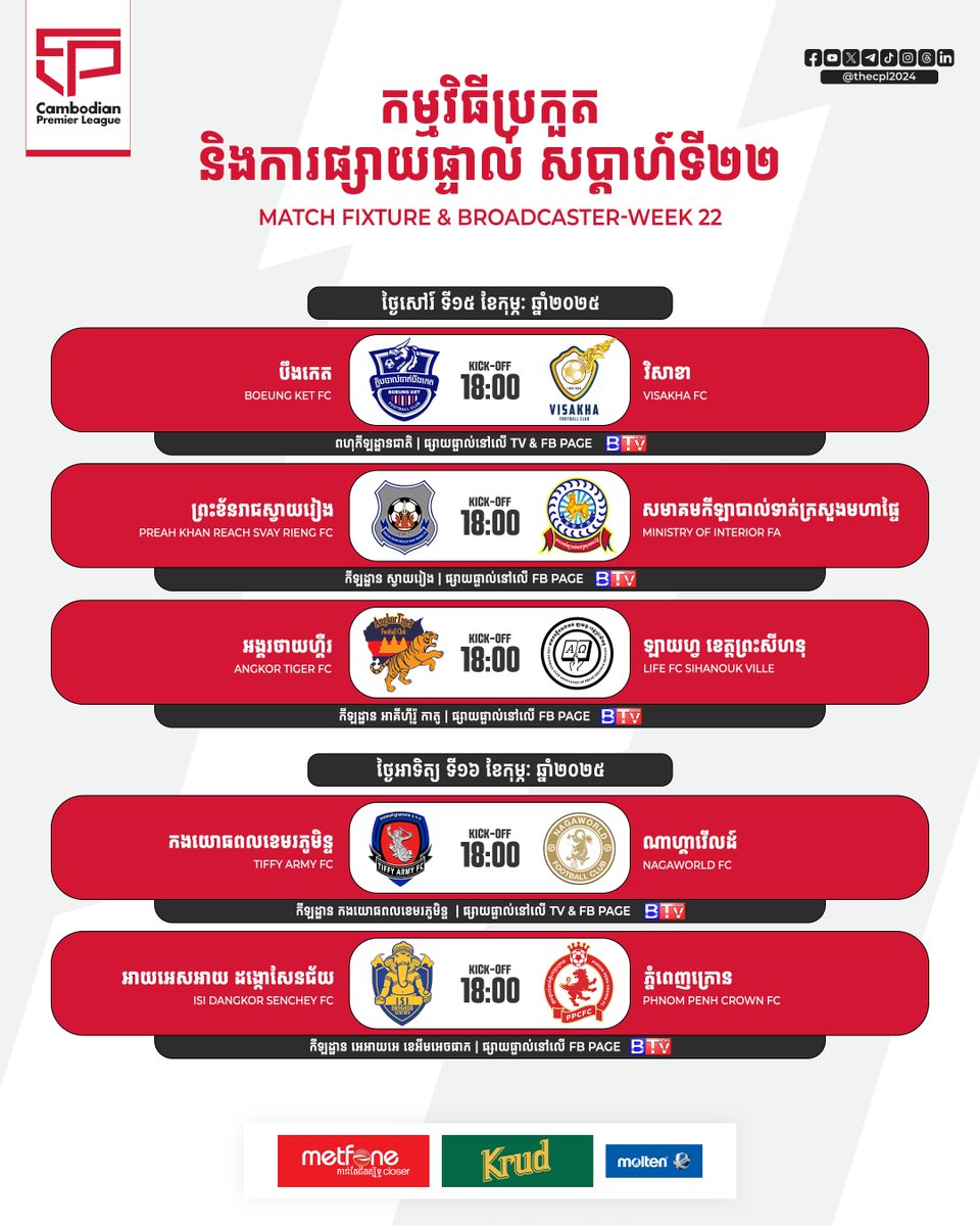 thecpl2024's tweet photo. Cambodian Premier League 2024/25 🏆 ​

Match Fixtures with the broadcaster in CPL - WEEK22 🇰🇭🔴

On Saturday, 15th and Sunday, 16th February 2025

CPL Telegram: https://t.co/51l2vQiKAP ✅

#CPL #Saturday #Sunday #WEEK21 #11TEAMS #WeekendVibe #FinalRound2 #Top6 #Bot5 #ComingSoon https://t.co/XHD1gBKerG