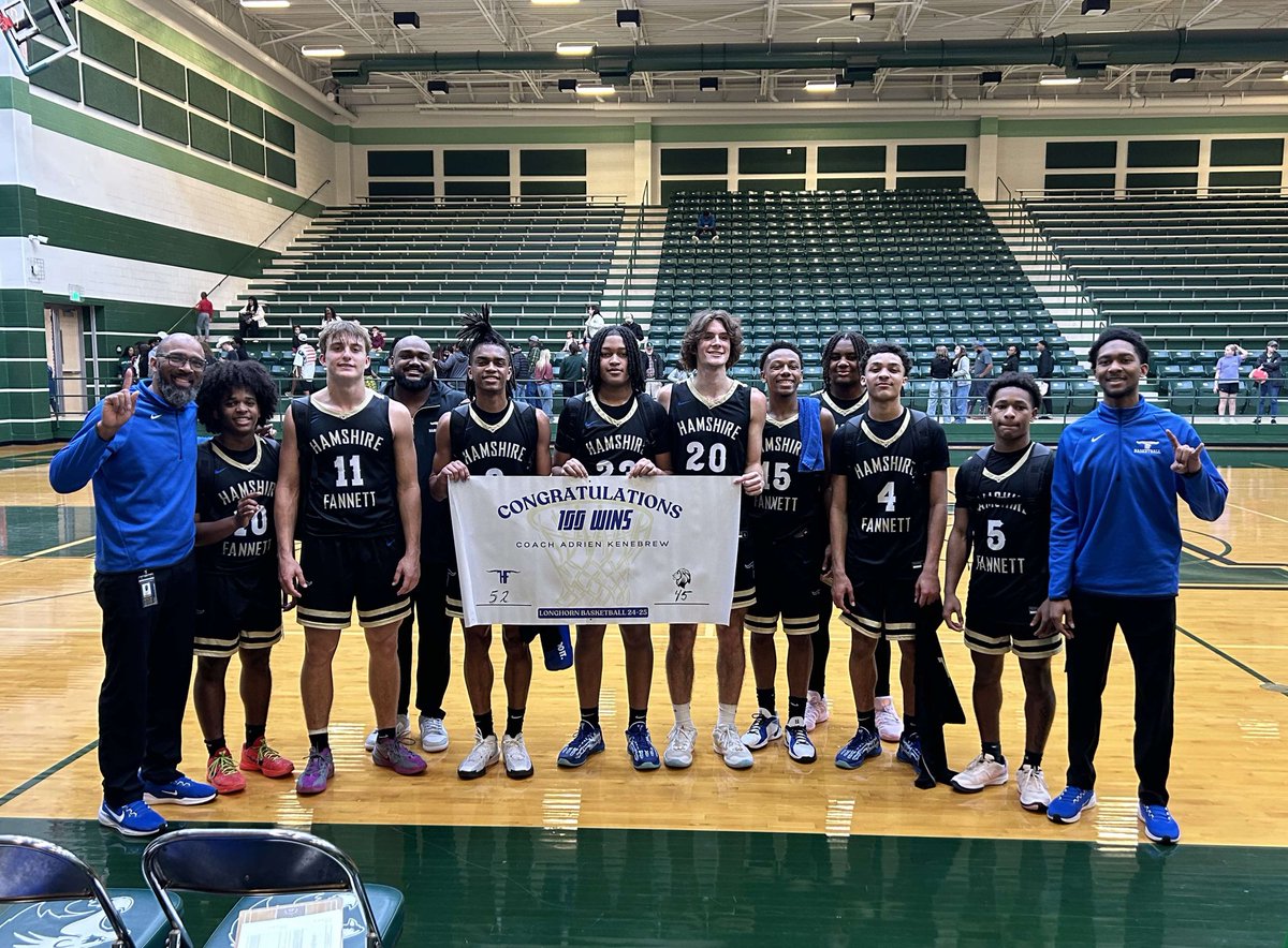 We would like to congratulate Adrien Kenebrew, the head coach of the boys' basketball team at Hamshire-Fannett, on his 100th victory as the coach of the Longhorns!

Coach Kenebrew's dedication and leadership have been instrumental in the success of the H-F boys basketball team.