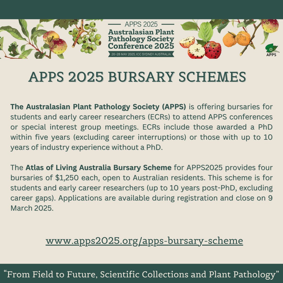 Need to support to attend #APPS2025 in Sydney in May? 

We have two Bursary Schemes on offer for this Biennial conference. The APPS will support ECR and student members. 

Atlas of Living Australia is supporting 4 bursaries. 

All info -> apps2025.org/apps-bursary-s…