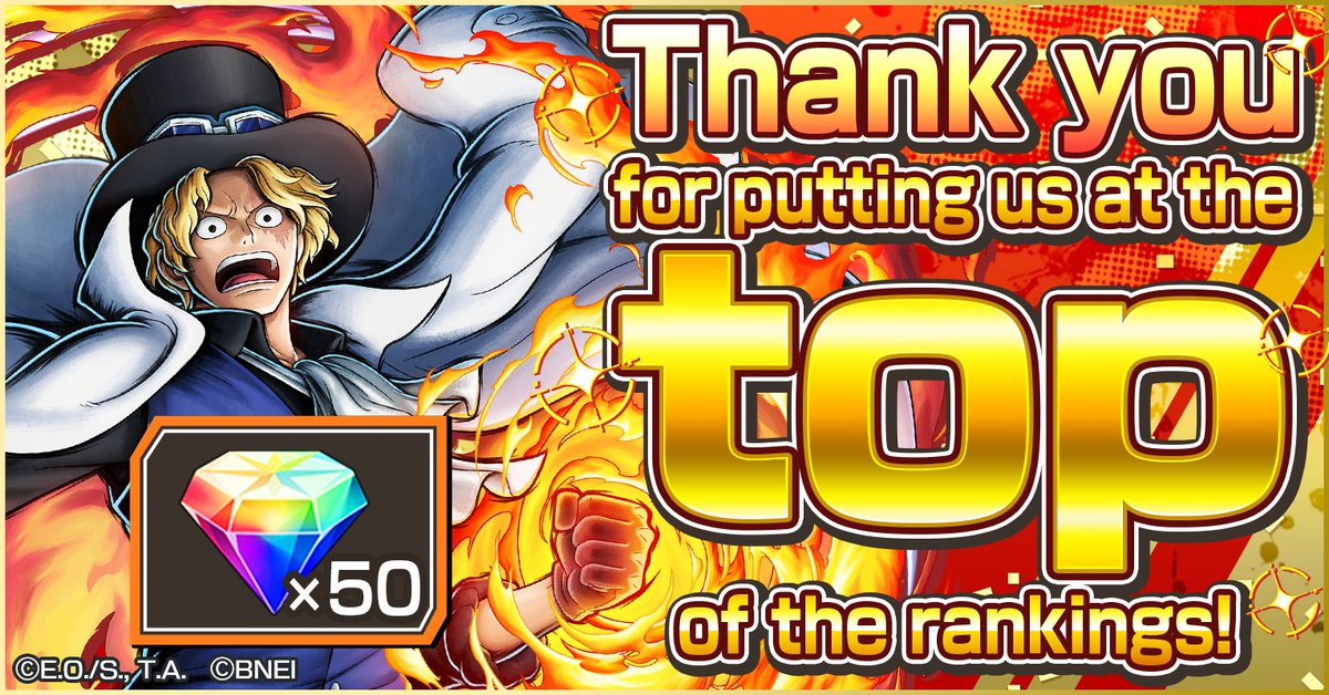 OPBR_global's tweet photo. ONE PIECE #BountyRush Reached #1 in the Japanese App Store!

Thanks to all our loyal fans, Bounty Rush reached the top of the charts in the Japanese App Store! 
As a token of our appreciation, we will be giving out Rainbow Diamonds x50!

https://t.co/YfwTh3lLpy
#ONEPIECE https://t.co/J0elhgg6V7