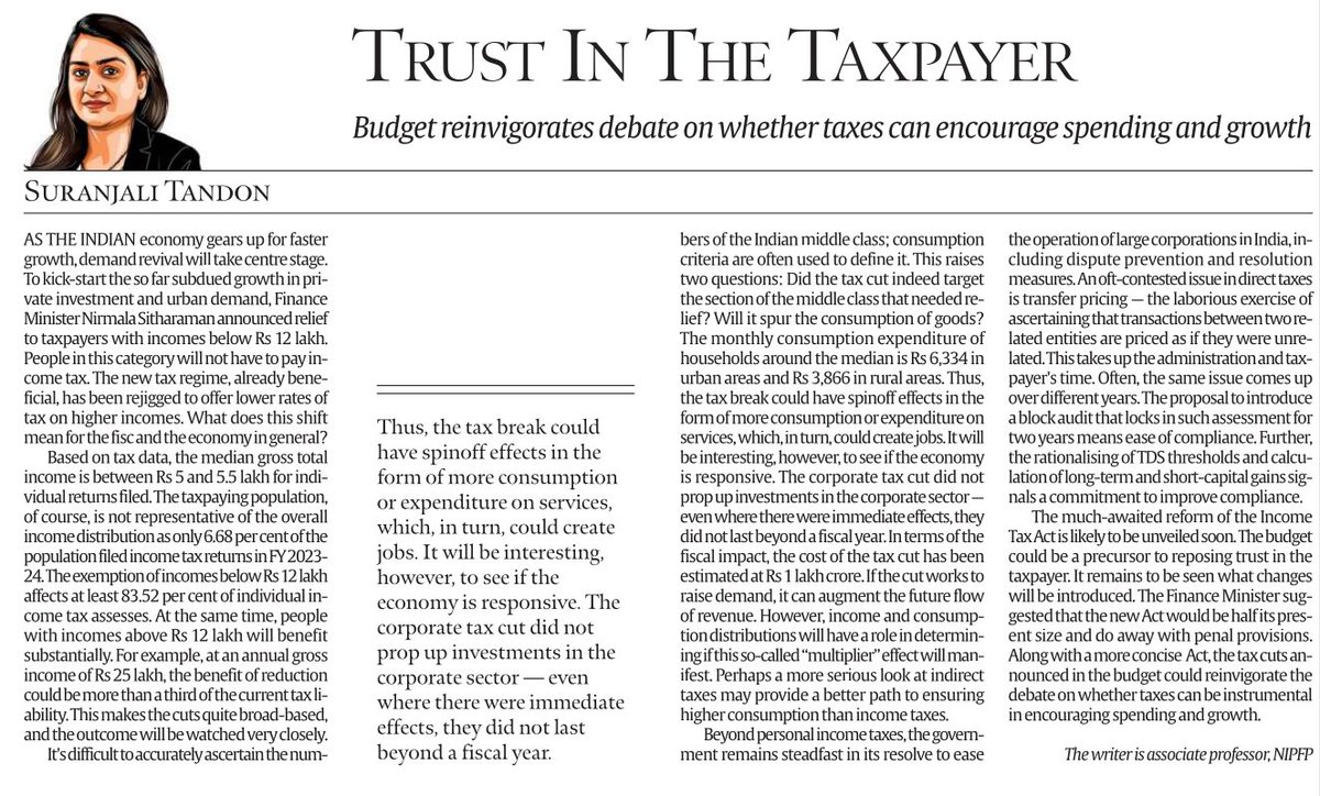 Suranjali Tandon (#NIPFP) 

<a href="/TandonSuranjali/">Suranjali Tandon</a> 

Indian Express, 12/02/2025