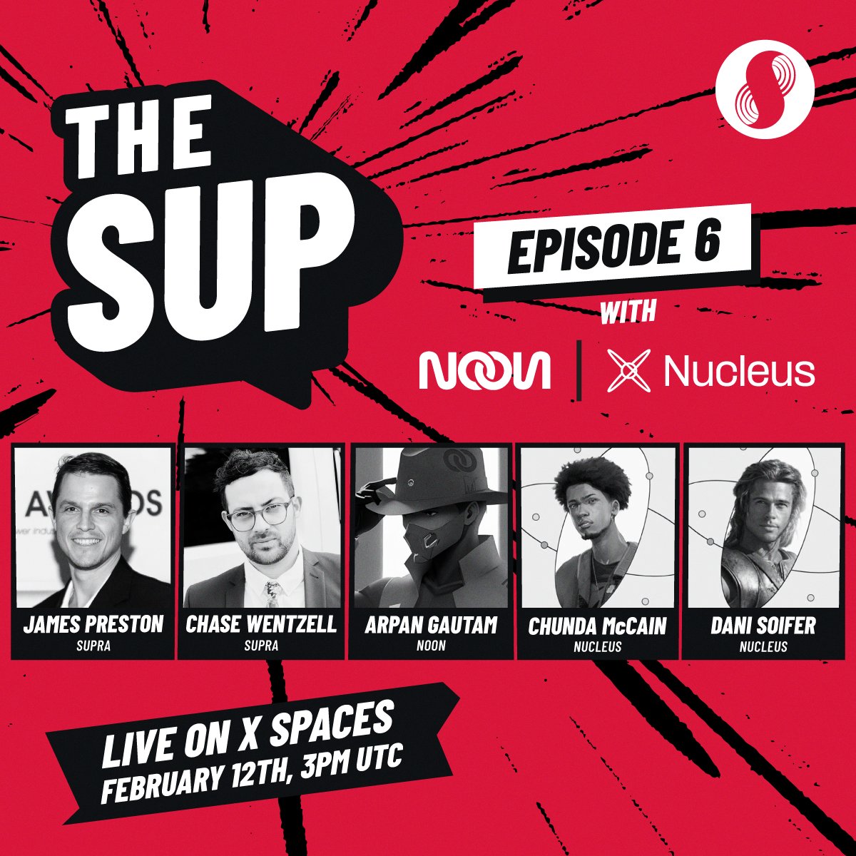Today on The SUP, catch an early look at some major DeFi developments coming to Supra 🔥

Join in to get all the alpha from <a href="/ag_noon/">Arpan</a> from <a href="/noon_capital/">Noon</a>, and <a href="/ChundaMcCain/">Chunda</a> and <a href="/0xTrojanhorse/">Achilles</a> from <a href="/nucleusearn/">Nucleus</a>!

Tune in live at 3pm UTC 👇
x.com/i/spaces/1YqKD…