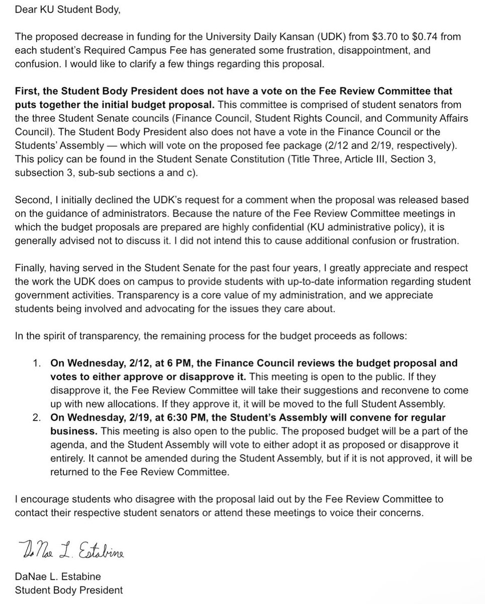 Abby Moore (@abby_moore_28) on Twitter photo Release from Student Body President regarding the UDK decrease in funding via Instagram.
An extremely frustrating read after seeing and hearing the KU journalism school come together and support <a href="/KansanNews/">University Daily Kansan 🌾</a>.
Your voice matters. Protect student journalists.
#SaveTheKansan Release from Student Body President regarding the UDK decrease in funding via Instagram.
An extremely frustrating read after seeing and hearing the KU journalism school come together and support <a href="/KansanNews/">University Daily Kansan 🌾</a>.
Your voice matters. Protect student journalists.
#SaveTheKansan