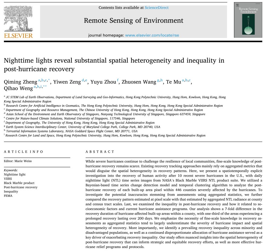 🚨Hot off the press📰: Our new RSE paper utilized daily nighttime light time series images from NASA's Black Marble Product to provide fine-scale knowledge on the spatial heterogeneity and socioeconomic inequality in the post-hurricane recovery.
➡️OA: rb.gy/1c1g6t