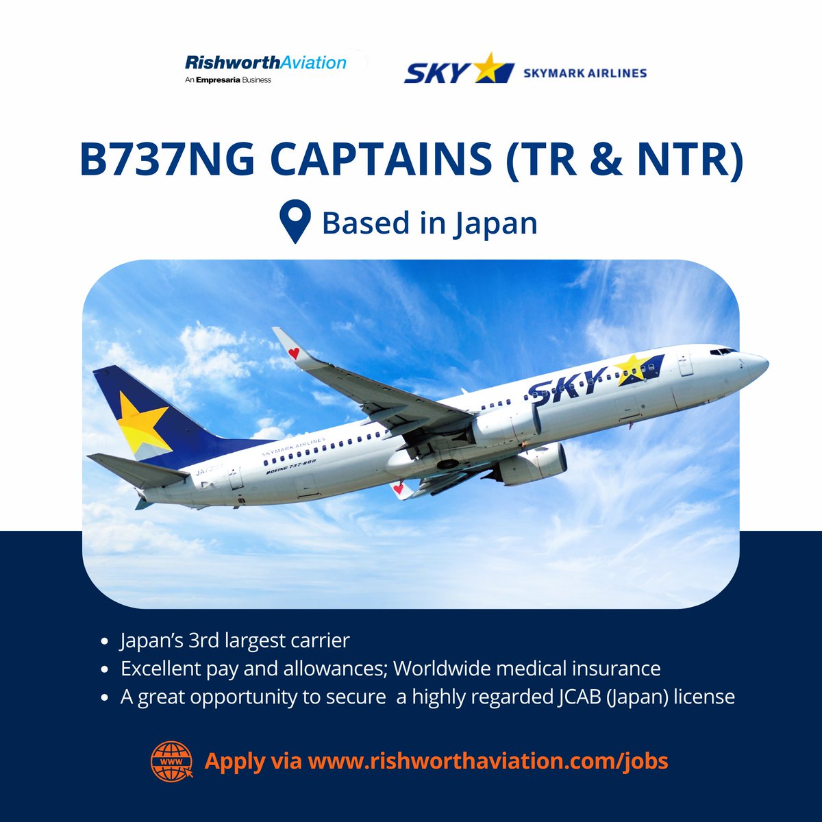 RishworthAV's tweet photo. PILOT JOBS: B737NG CAPTAINS with Skymark Airlines, based in Japan.
 
APPLY NOW>> https://t.co/0zzpBjkfyo 
 
#aviation #aviationjobs #pilotjobs #pilots #captain #b737 #b737ng #boeing #skymark #airlines https://t.co/cjUGzZn9SH