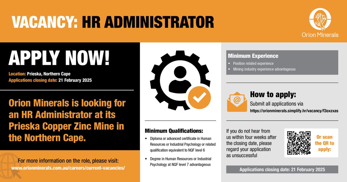 Orion Minerals is looking for a HR Administrator to join its Prieska team.

For more information, please visit: orionminerals.com.au/careers/curren…