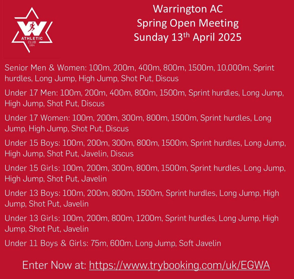 Don’t forget to enter the Warrington AC Spring Open on Sunday 13th April. The nights are getting lighter and that means the outdoor season is just around the corner! Why not open your season with us at Victoria Park. Enter now at: trybooking.com/uk/EGWA