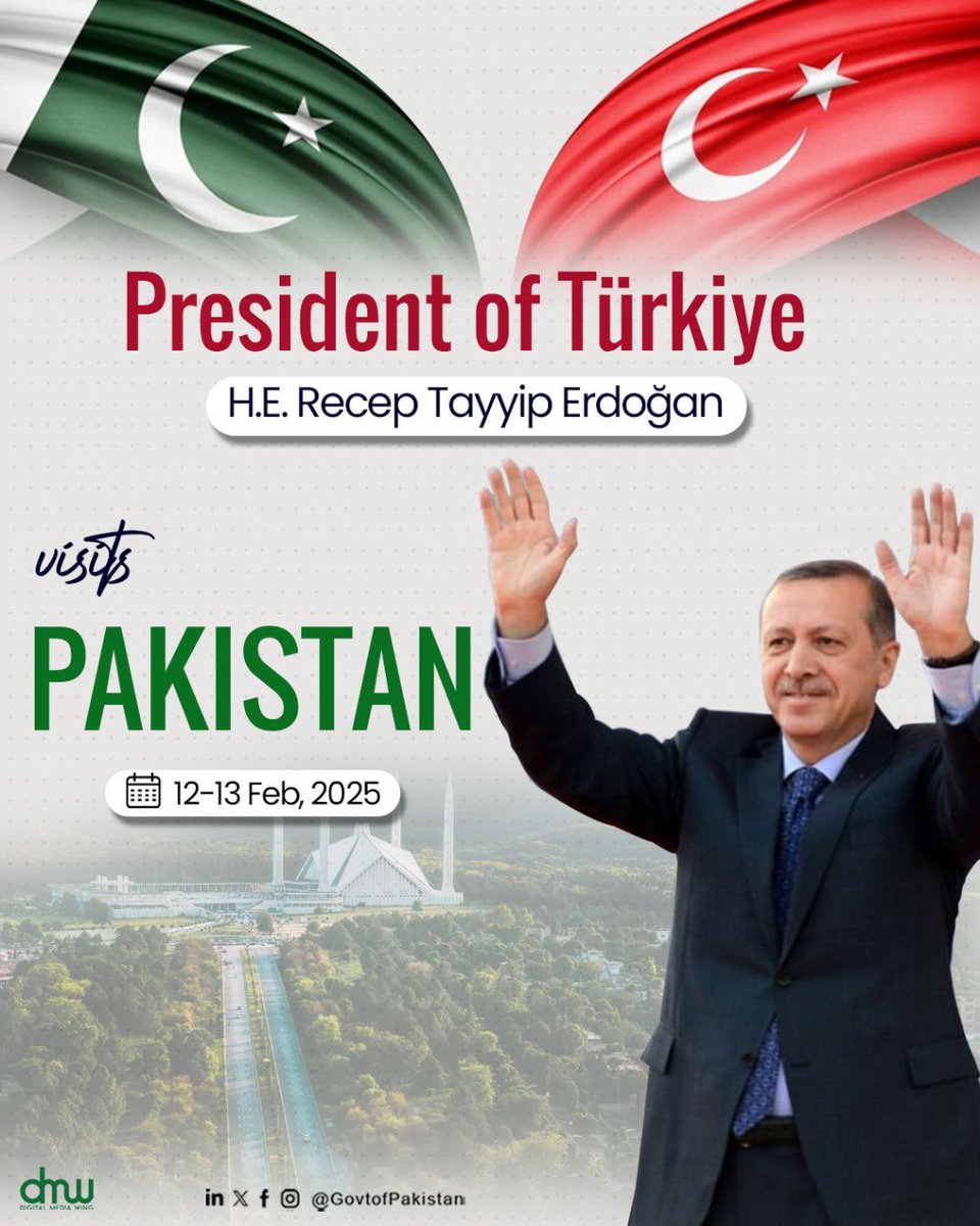 President of Türkiye, H.E. Recep Tayyip Erdoğan will visit Pakistan from 12-13 February 2025. 
 
During the visit, the Prime Minister Shehbaz and President Erdoğan will co-chair the 7th Session of the Pakistan-Türkiye High Level Strategic Cooperation Council (HLSCC). 

🇵🇰 🇹🇷