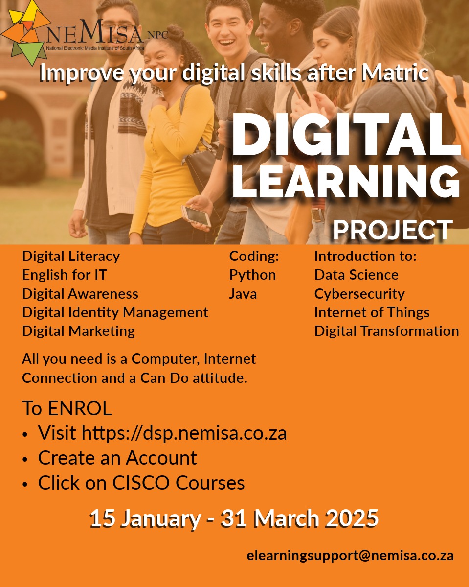 Take the next step in your career! 

Are you ready to dive into the world of technology? NEMISA has got you covered! 

Explore the various exciting courses on the NEMISA Digital Platform! 

From Digital Marketing to Data Science, Digital Transformation, English for IT, and