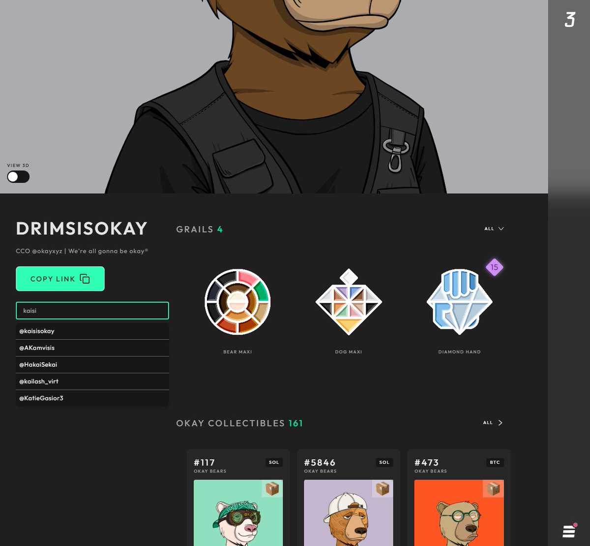 You can now search for any registered user on Three and explore their profile. Check out their unlocked badges, grails, and, if public, their full Okay collection.