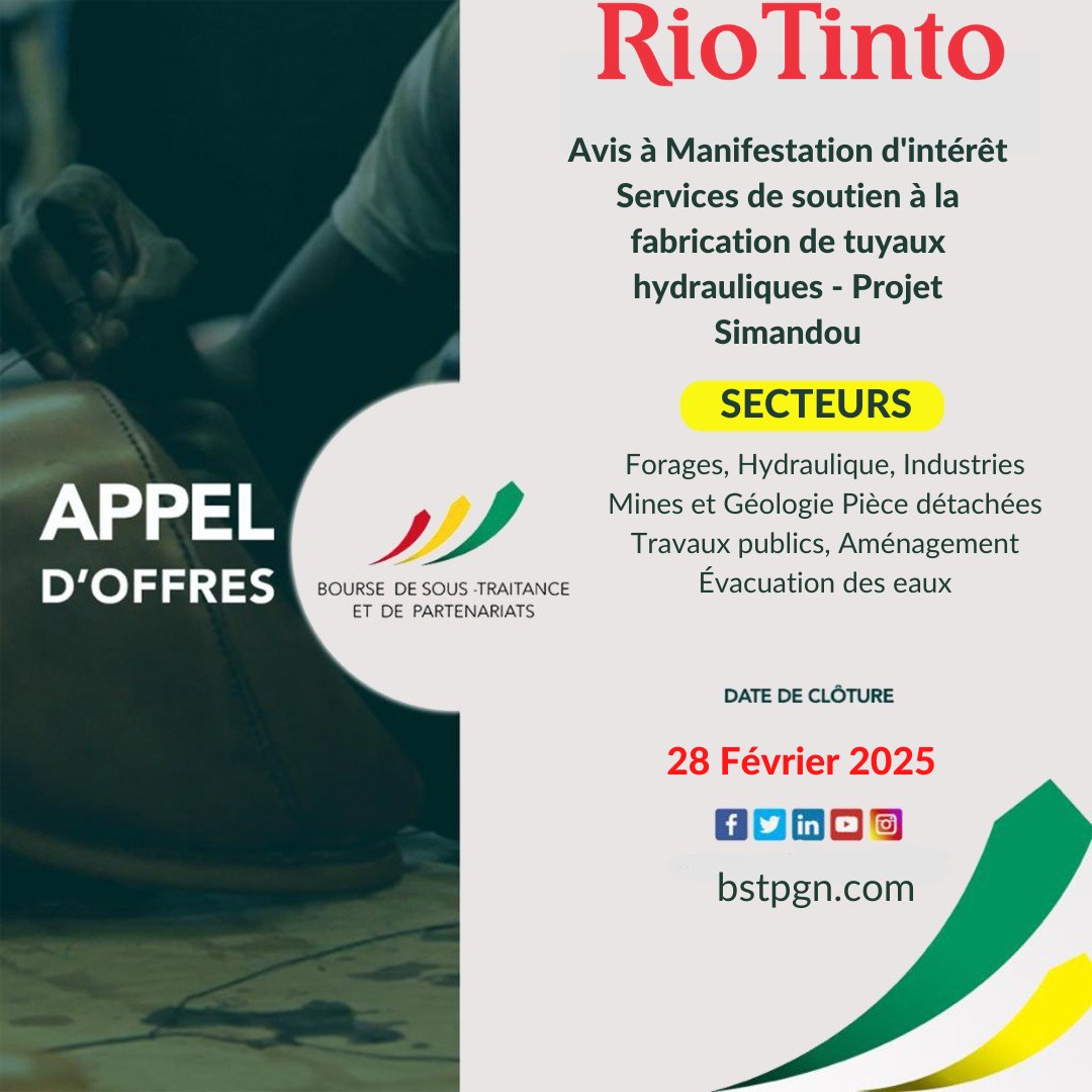 BSTPGN's tweet image. ⚠️Appel d’offres⚠️

AVIS À MANIFESTATION D&apos;INTÉRÊT - SERVICES DE SOUTIEN À LA FABRICATION DE TUYAUX HYDRAULIQUES - PROJET SIMANDOU

*Comment s’inscrire ? *

 ☎625-63-21-77

🌍 bstpgn.com

 🏚 Dans nos locaux à la Minière

#BSTP #ContenuLocal #RioTintoSimfer
