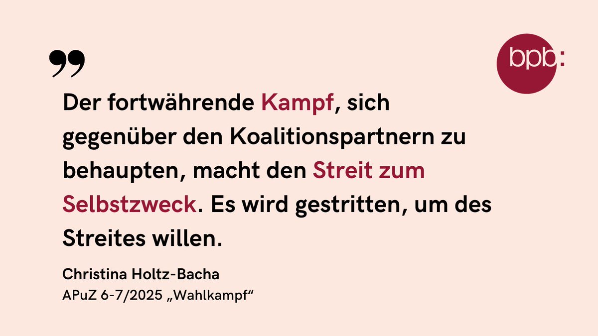 Politik als Rennen mit Gewinnern und Verlierern? Die Kommunikationswissenschaftlerin Christina Holtz-Bacha erklärt in der APuZ #Wahlkampf, welche Strategien und Medienlogiken sie hinter dem Dauerstreit der vergangenen Ampelkoalition sieht: bpb.de/558873