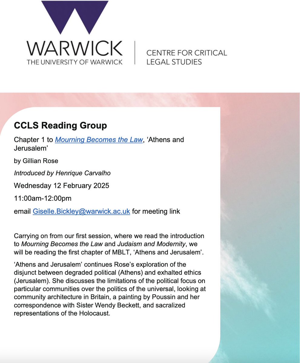 Centre for Critical Legal Studies (@warwickccls) on Twitter photo We continue today with our reading group of Gillian Rose's work. Intro by Centre co-Director <a href="/HRDCCarvalho/">Henrique Carvalho</a> We continue today with our reading group of Gillian Rose's work. Intro by Centre co-Director <a href="/HRDCCarvalho/">Henrique Carvalho</a>