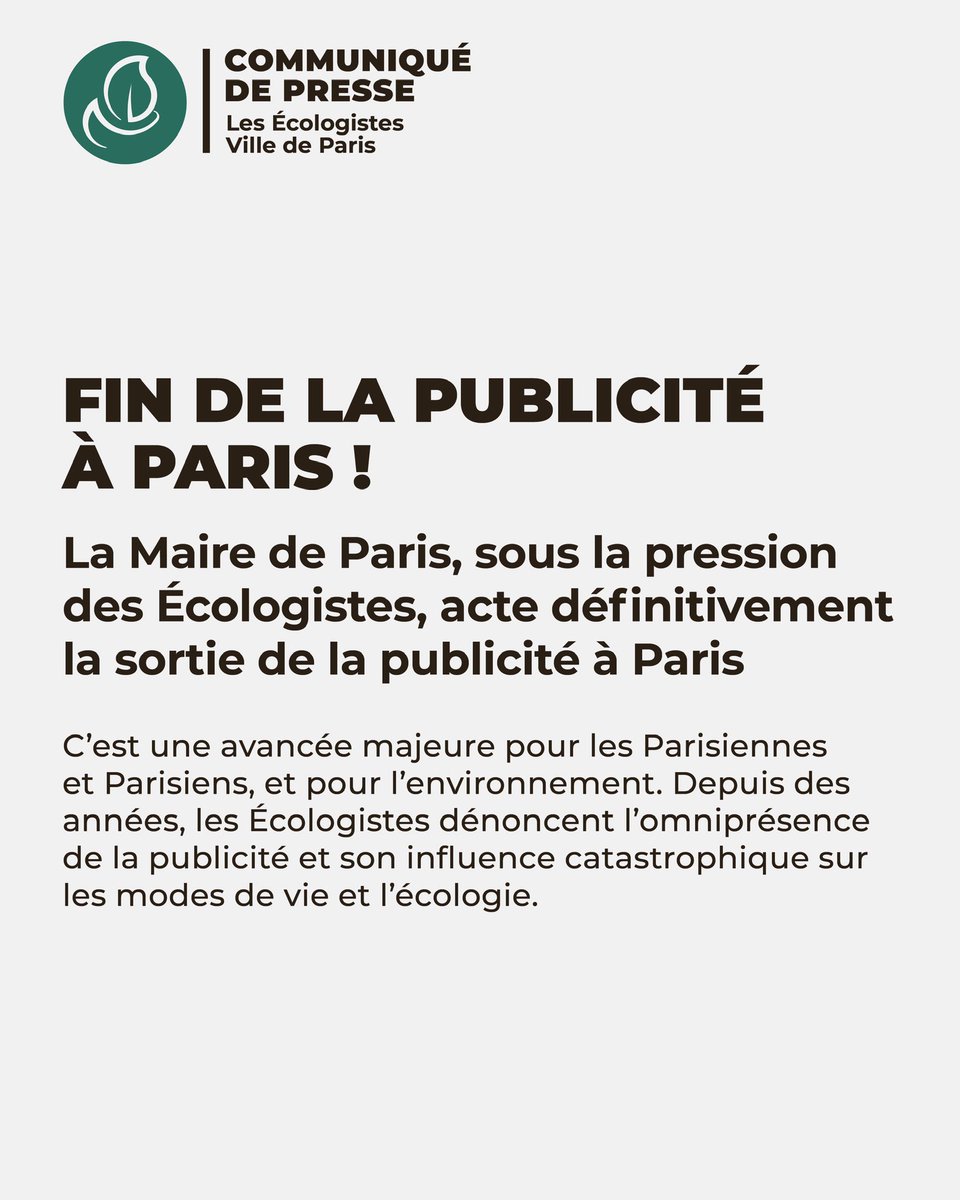 🔴 PUB : Grâce aux Écologistes, le #ConseildeParis vient d’acter la sortie de la publicité commerciale, en mettant fin aux différentes conventions publicitaires. 

✍️ Notre communiqué de presse à lire en intégralité via 🔗 groupe-ecologiste.paris/les-actualites…