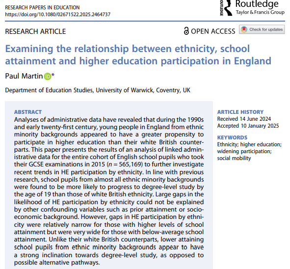 Today, I’ve published a new paper on ethnicity, school attainment and access to HE in England 🧵[1/8]
doi.org/10.1080/026715…