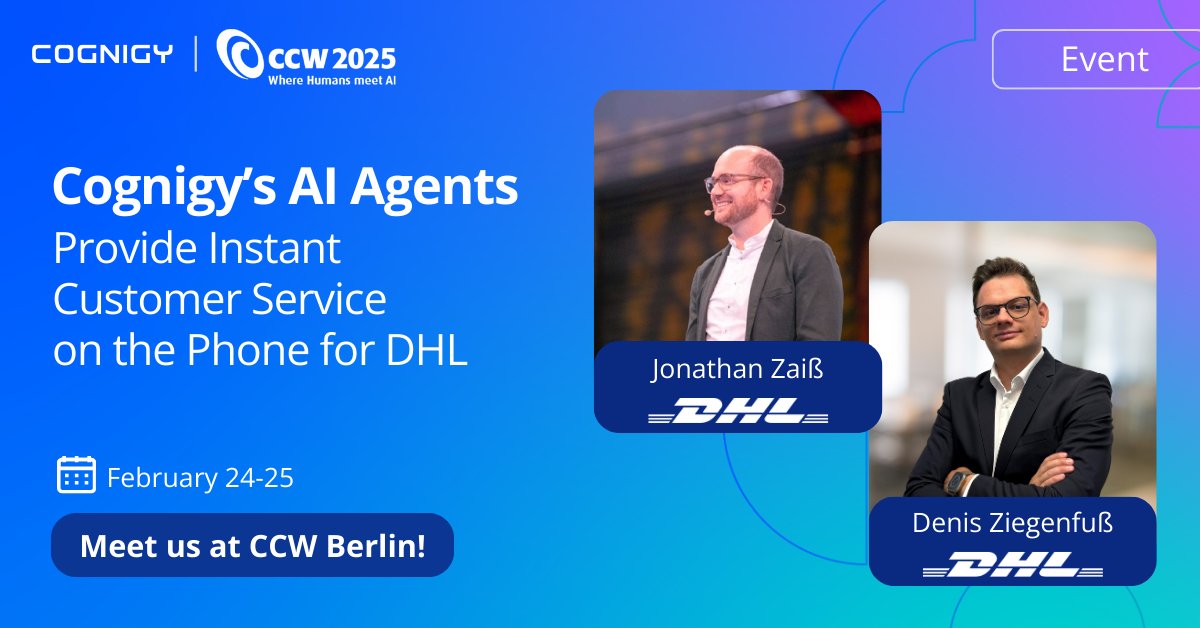 DHL is hitting the stage twice at CCW Berlin!

Catch them on Feb. 24 &amp; 25 as they share how AI Agent Paula transformed their contact center in just four months.

📅 Book your meeting: hubs.la/Q036l8RG0

#CCW2025 #VoiceAI #AIAgents #DHL #Cognigy