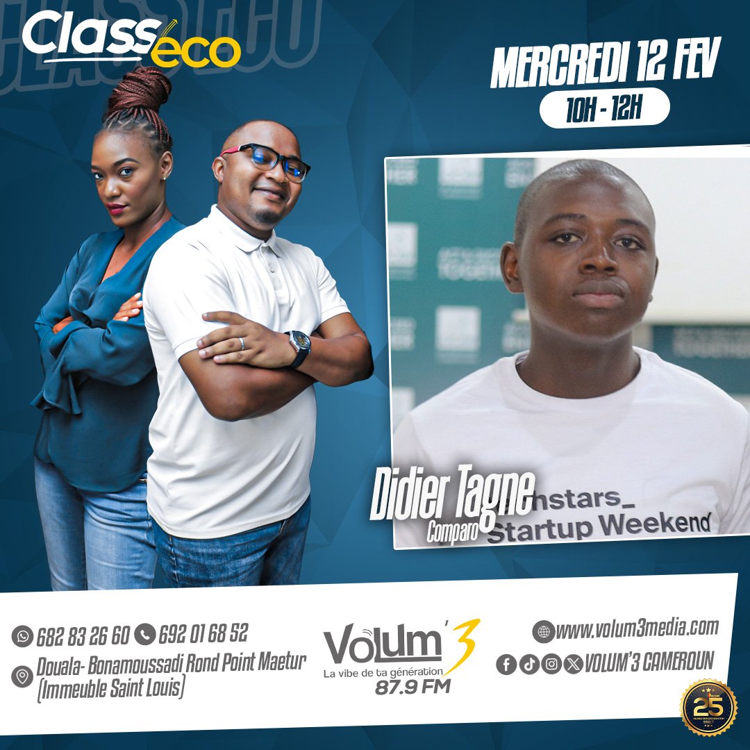 Volum3Cameroun's tweet photo. 🟡Class'Eco 🛫 --- La digitalisation des business sera au menu de ce mercredi avec Didier Tagne, Promoteur de Comparo
#25H2V3
#LaVibeDeTaGeneration
#Comparo https://t.co/p7aKsA7pBa
