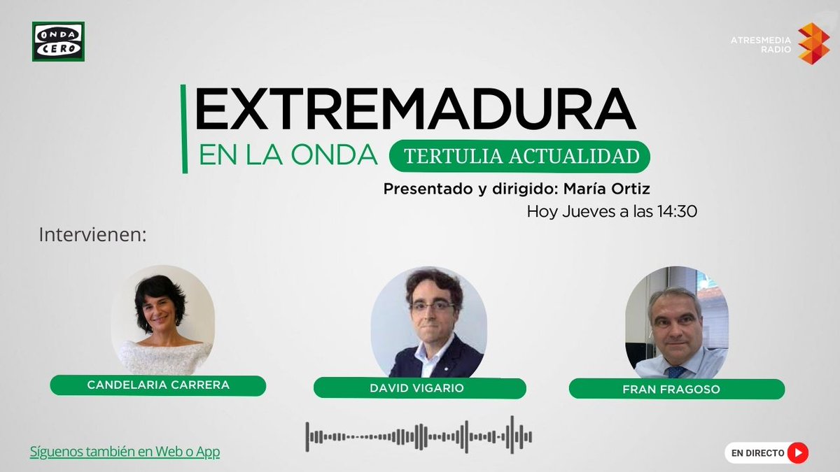 Hoy en la Tertulia de Actualidad de <a href="/OCR_Extremadura/">Onda Cero Extremadura</a> tendremos como invitados a: 
<a href="/Candelaria_Carr/">Candelaria Carrera</a> (<a href="/autonomosata/">Fed. Autónomos 𝗔𝗧𝗔</a>), <a href="/davidvigario/">David Vigario</a> y <a href="/fragoso_fran/">Fran Fragoso</a> presentado y dirigido por <a href="/maortizal/">Maria Ortiz</a>.