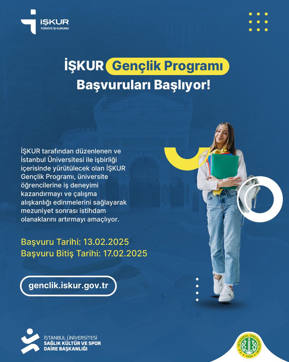 İŞKUR Gençlik Programı Başvuruları Başlıyor!

Detaylı bilgi için sks.istanbul.edu.tr web sayfamızı ziyaret edebilirsiniz.