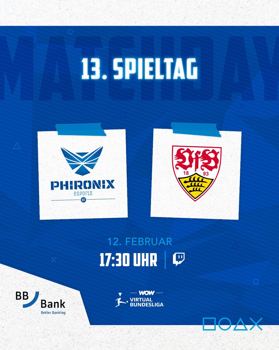 SPIELTAG 1️⃣3️⃣ <a href="/vbl_official/">VBL | WOW VIRTUAL BUNDESLIGA</a> 
🆚 <a href="/VfB_eSports/">VfB eSports</a> 🕖 17:30 Uhr!

Es ist Derbyzeit! 🔥 Kommt vorbei &amp; unterstützt die Jungs bei diesem so wichtigen Duell! 

🎥 twitch.tv/phironix_esport

#PHIRONIX #KSCmeineHeimat #VBLCC #VBL #Spieltag13 #Matchday #eafc25